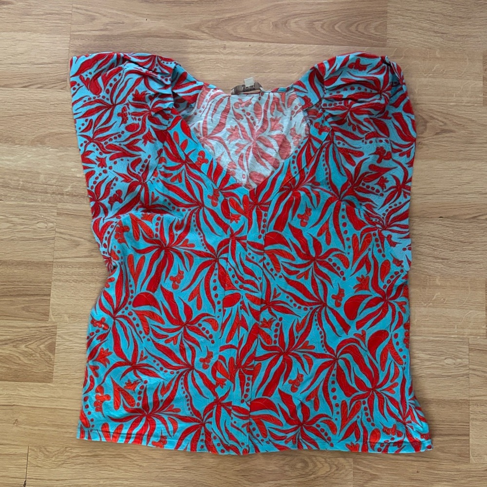 LOFT Red and Blue Leaf Pattern Blouse-XL